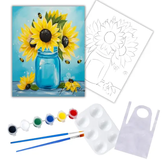 "Sunflowers In A Jar" DIY Canvas Art Kit, Adult Beginner, Acrylic Paint Size 11x14 inch {1}