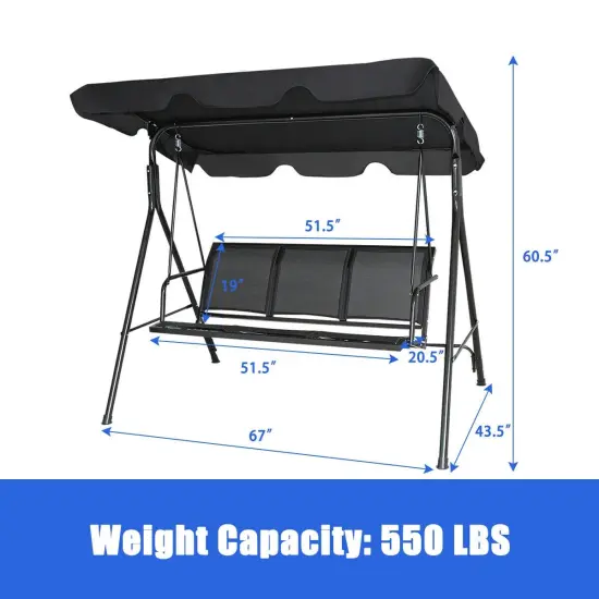 3 Person Patio Swing with Polyester Angle Adjustable Canopy Black {4}