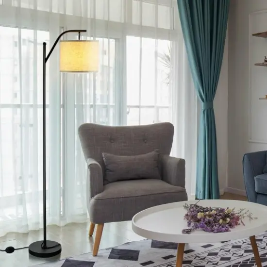 Standing Arc Modern Floor Lamp With Fabric Hanging Lamp {1}