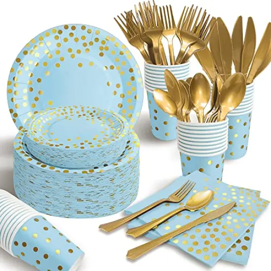 350 Pieces Blue and Gold Party Decorations 50 Guests Blue Paper Plates Plastic Forks Knives Spoons & Golden Dot Blue Party Plates Napkins Cups for 2023 Graduation Decorations Baby Shower Boy Birthday {2}