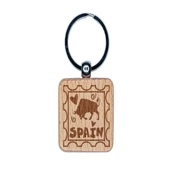 Spain Passport Travel Engraved Wood Square Keychain Tag Charm {1}