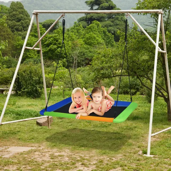 60 Inch Tree Swing with Strong Steel Frame and Oxford Cloth Seat for Garden Yard and Family Fun Blue & Orange {1}