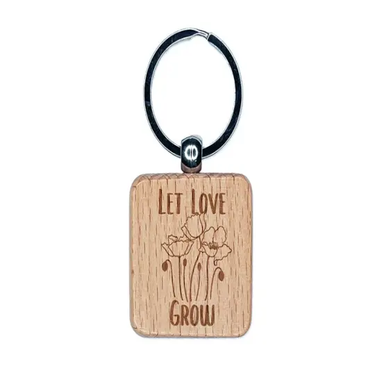 Let Love Grow Poppy Flowers Wedding Engraved Wood Square Keychain Tag Charm {1}