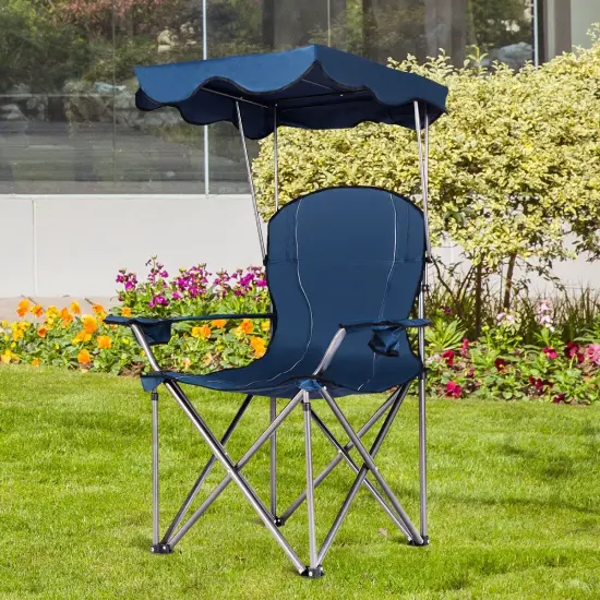Portable Folding Beach Canopy Chair with Cup Holders Blue {6}