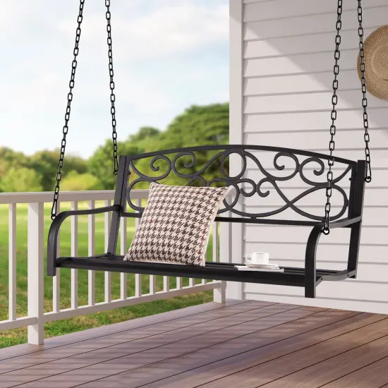 Outdoor 2-Person Metal Porch Swing Chair with Chains Brown {2}