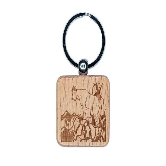 Rocky Mountain Goat on Ledge Engraved Wood Square Keychain Tag Charm {1}
