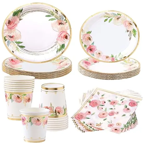 Floral Plates and Napkins Party Supplies - Serves 16 - Flower Paper Plates Floral Party Cups Floral Baby Shower Decorations for Girl Pink and Gold Bridal Shower Tea Party Flower Birthday Decorations {1}