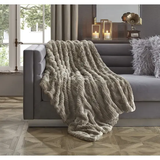 Adina Faux Fur Honeycomb Texture Knit Throw Grey {9}
