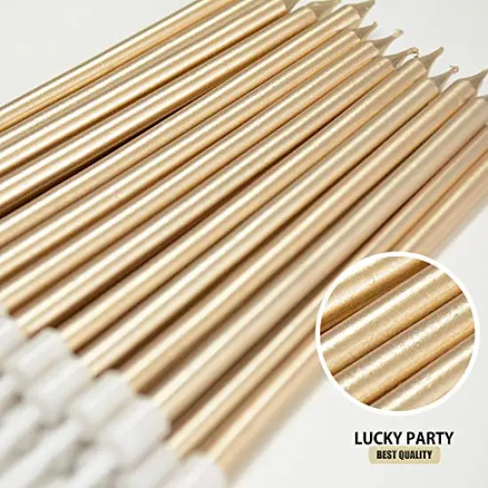 24 Pieces Birthday Party Long Thin Cake Candles Metallic Birthday Candles in Holders for Birthday Cakes Decorations, Champagne Gold by Lucky Party {1}