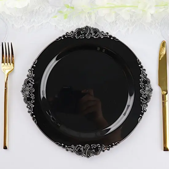 10 Pcs Disposable Plastic Salad Dinner Plates Embossed Baroque Trim Party Black and silver {1}