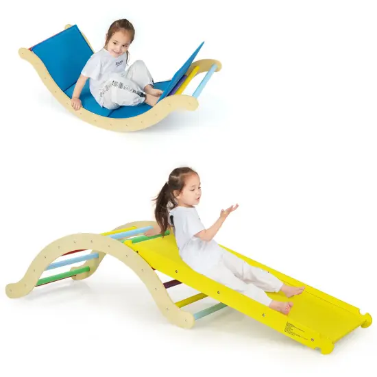 3-in-1 Kids Climber Set Wooden Arch Triangle Rocker with Ramp and Mat Yellow {4}
