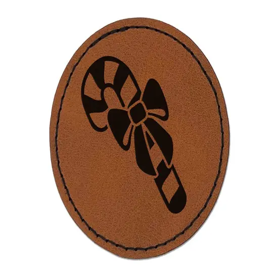 Candy Cane with Bow Christmas Round Iron-On Engraved Faux Leather Patch Applique - 2.5" Brown {1}