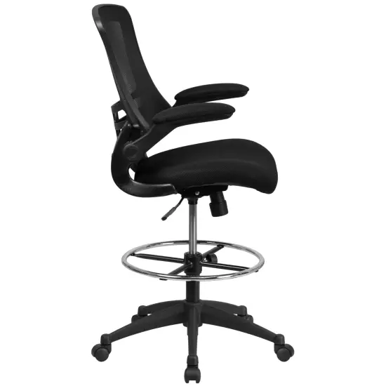 Emma and Oliver Mid-Back Mesh Ergonomic Drafting Chair with Adjustable Foot Ring and Flip-Up Arms BlackMesh/BlackFrame {5}