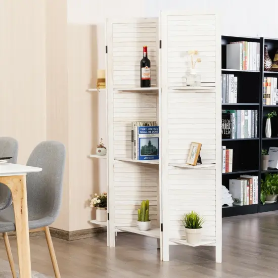 4 Panel Folding Room Divider Screen with 3 Display Shelves White {6}