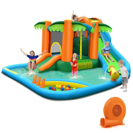 7-in-1 Inflatable Water Slide Park with Trampoline Climbing and 750W Blower {2}