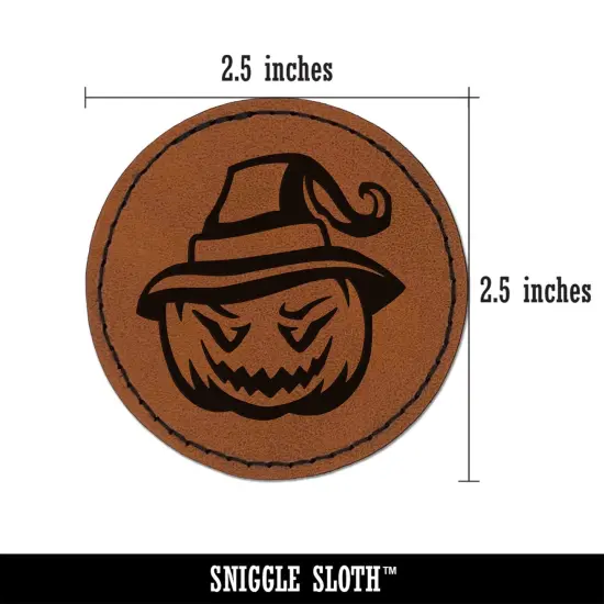 Jack-O'-Lantern Pumpkin Wearing Witch Hat Halloween Round Iron-On Engraved Faux Leather Patch Applique - 2.5" Brown {2}