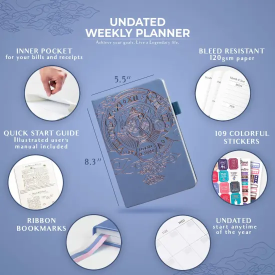 Deluxe Weekly & Monthly Life Planner to Hit Your Goals & Live Happier. Organizer Notebook & Productivity Journal. A5 Hardcover, Undated – Start Any Time + Stickers – Periwinkle Gold {6}