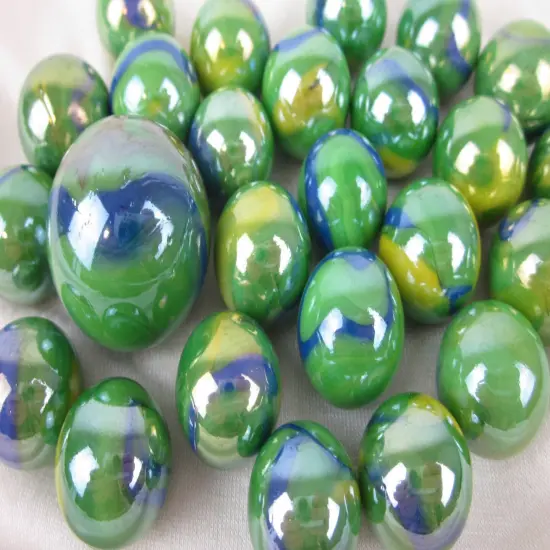 25 Glass Marbles PEACOCK iridescent Green Blue Yellow Game Pack Shooter Swirl {1}