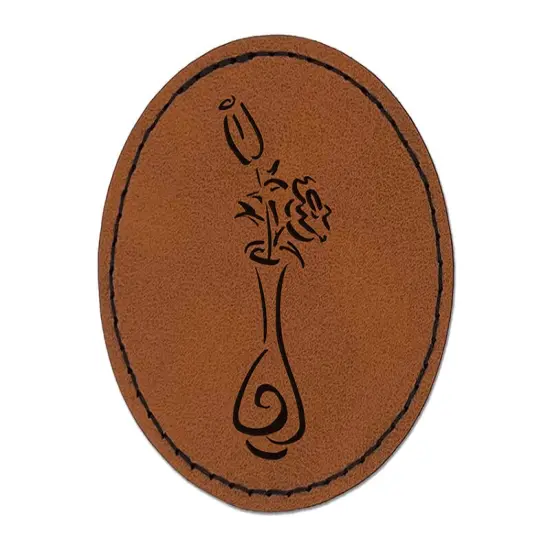 Roses Flowers in Vase Sketch Round Iron-On Engraved Faux Leather Patch Applique - 2.5" Brown {1}