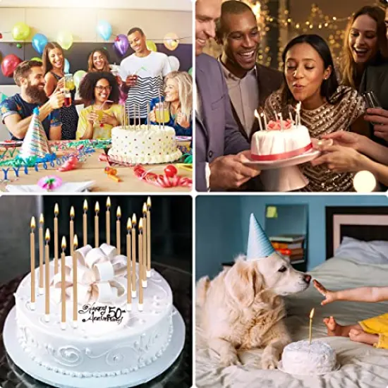 24 Pieces Party Long Thin Cake Candles Metallic Birthday Candles in Holders for Birthday Cakes Cupcake, Champagne Gold {4}