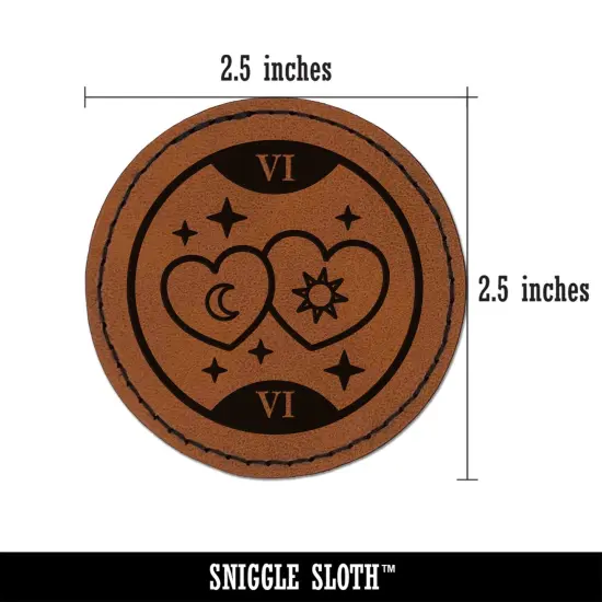The Lovers Tarot Card Round Iron-On Engraved Faux Leather Patch Applique - 2.5" Brown {3}