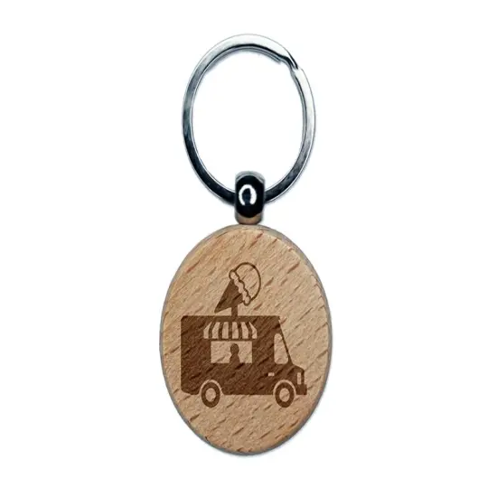 Ice Cream Truck Engraved Wood Round Keychain Tag Charm {1}