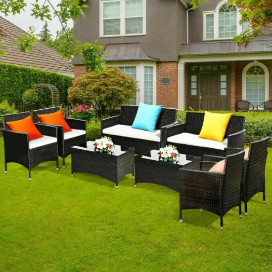 4 pcs Patio Garden Rattan Furniture Set Coffee Table Cushioned Sofa {2}