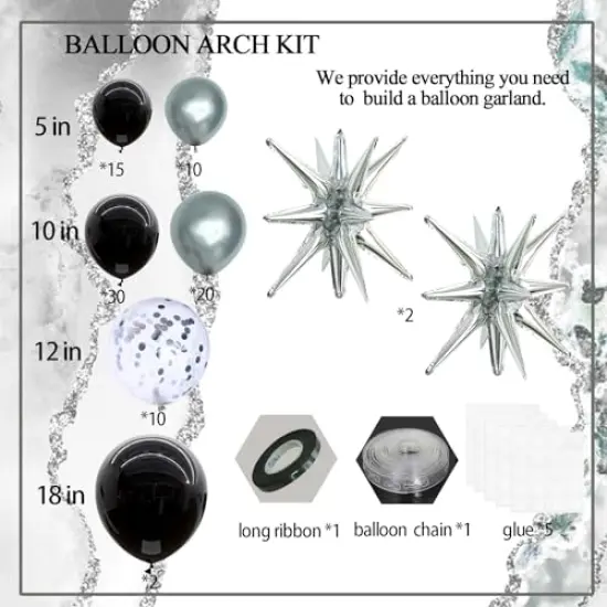 Black and Silver Balloon Garland Arch Kit with Latex Confetti Balloons Silver Explosion Star Balloons for New Year Eve Party Decor Graduation Birthday Wedding Anniversary Party Supplies {6}