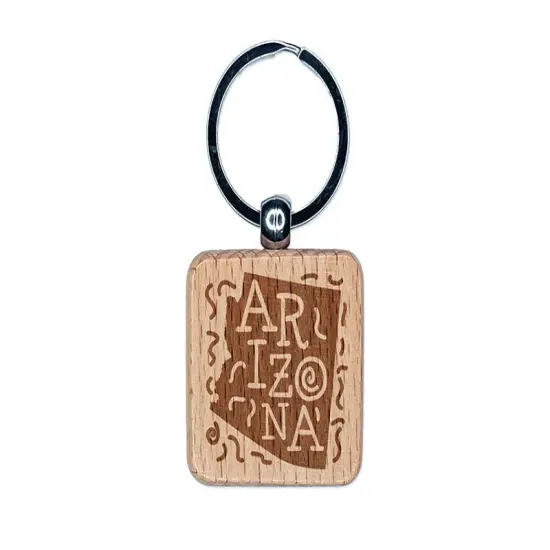 Arizona State with Text Swirls Engraved Wood Square Keychain Tag Charm {1}