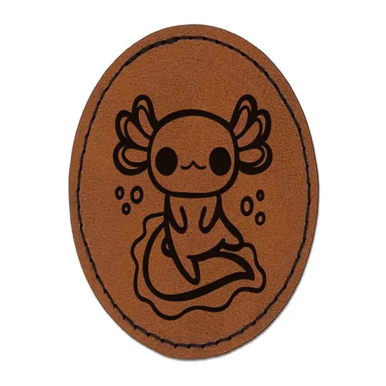 Delightful Kawaii Chibi Axolotl Round Iron-On Engraved Faux Leather Patch Applique - 2.5" Brown {1}