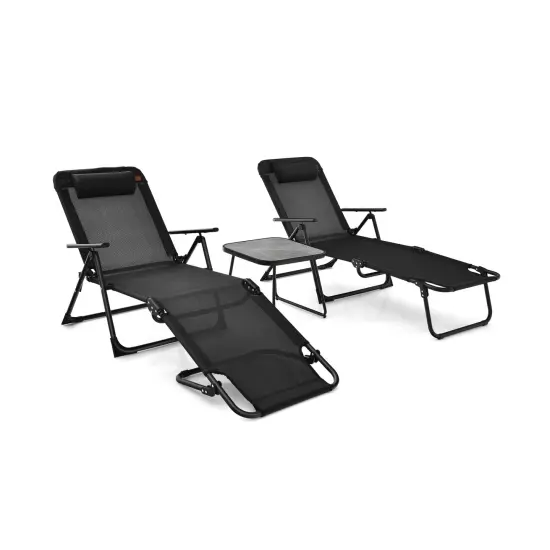 3 Pieces Patio Folding Chaise Lounge Set with PVC Tabletop-Black {3}