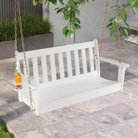 54 Inch HDPE Patio Porch Swing with Cup Holder-White {1}