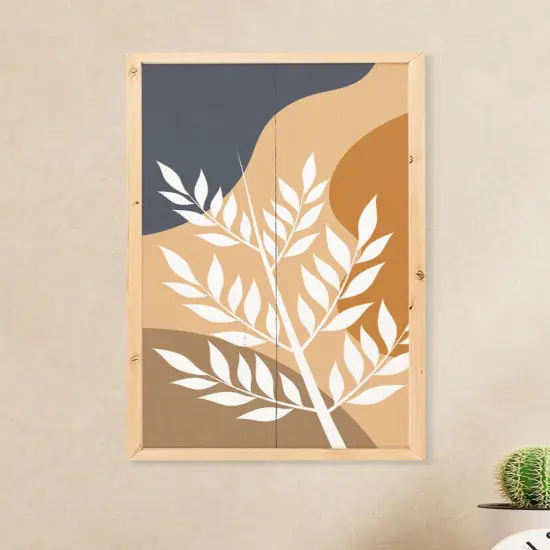 Botanical Wall Art Neutral Wood Sign Framed Tropical Leaves Decor {2}