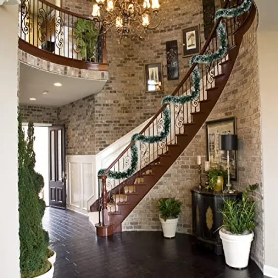 Christmas Tree Pine Green Frost Tip Tinsel Garland Snowy Metallic Streamers Green White Tinsel Garland Celebrate a Holiday Party Ceiling Hanging Decors Indoor and Outdoor Disco Party Supplies {3}