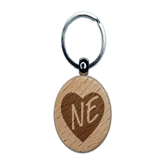 NE Nebraska State in Heart Engraved Wood Round Keychain Tag Charm {1}