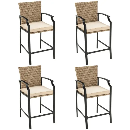 Patio Rattan Bar Stools Set of 4 with Soft Cushions {3}