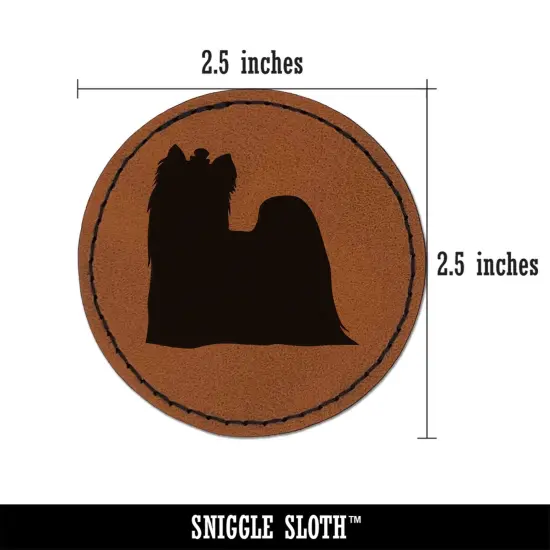 Yorkie Yorkshire Terrier Dog Solid Round Iron-On Engraved Faux Leather Patch Applique - 2.5" Brown {3}