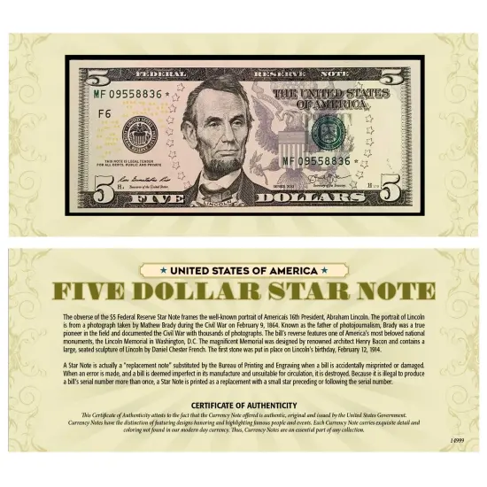 Five Dollar Star Note Protective Holder United States Genuine Currency {1}