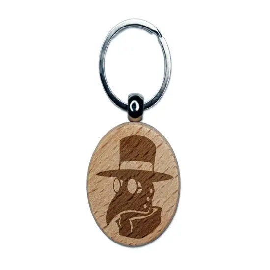 Plague Doctor Mask Engraved Wood Round Keychain Tag Charm {1}