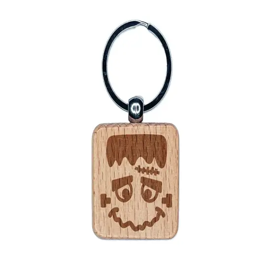 Halloween Frankenstein Face Engraved Wood Square Keychain Tag Charm {1}