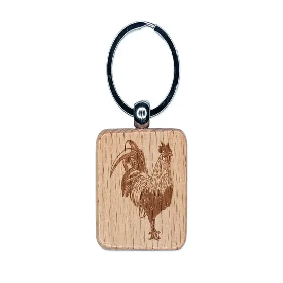 Handsome Rooster Chicken Engraved Wood Square Keychain Tag Charm {1}