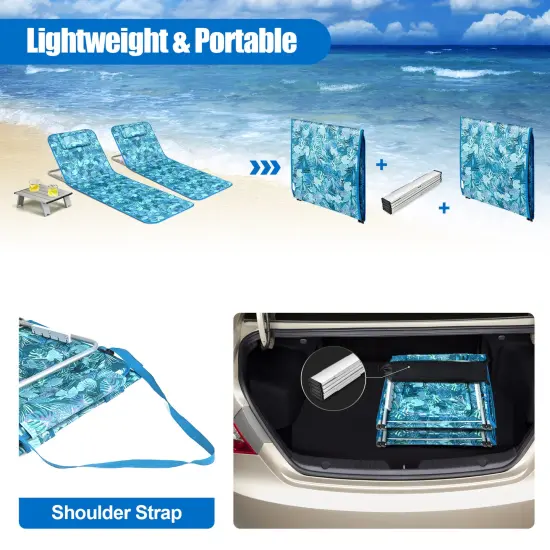 3 Pieces Beach Lounge Chair Mat Set 2 Adjustable Lounge Chairs with Table Stripe Green {5}