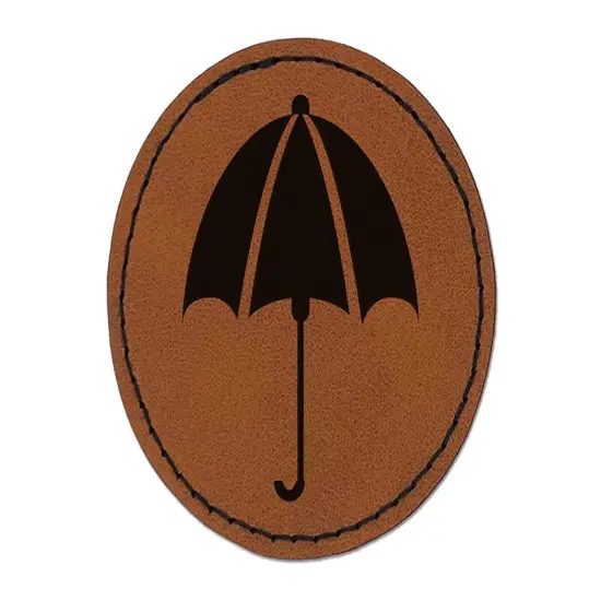 Rainy Day Umbrella Round Iron-On Engraved Faux Leather Patch Applique - 2.5" Brown {1}