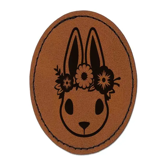 Cute Easter Bunny Rabbit Head with Flower Crown Round Iron-On Engraved Faux Leather Patch Applique - 2.5" Brown {1}