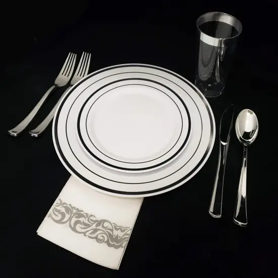 60 Silver Plastic Plates Disposable Heavy Duty Premium Plastic Plates, 30 Plastic Dinner Plates + 30 Dessert Appetizer Plates for Weddings, Fancy Disposable Plates for Party White Plastic Plates {2}