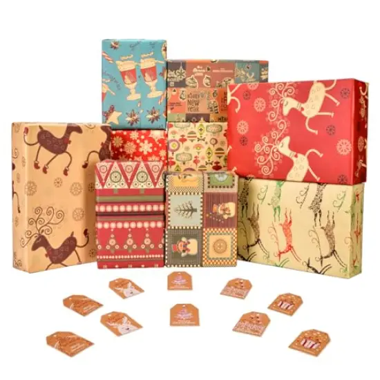 SmoTecQ Christmas Gift Wrapping Paper, Made from Recycled Kraft Paper, 10 Pack 70X50CM Folded Sheets with 10 Gift Tags {2}