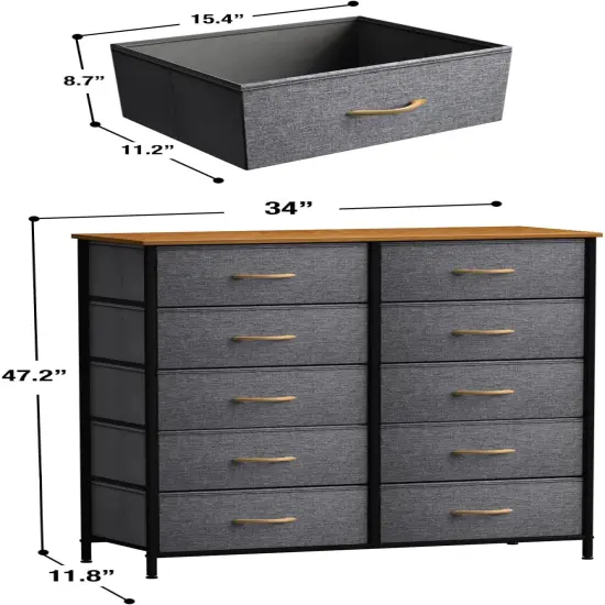 Sorbus Dresser with 10 Drawers - Storage Unit Organizer Chest for Clothes - Bedroom, Room, Nursery, & Closet - Steel Frame, Wood Top & Handles, and Easy Pull Fabric Bins Maple {3}