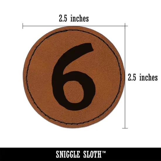Number 6 Six Cute Typewriter Font Round Iron-On Engraved Faux Leather Patch Applique - 2.5" Brown {3}