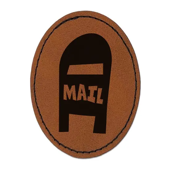 Mail Box Doodle Round Iron-On Engraved Faux Leather Patch Applique - 2.5" Brown {1}