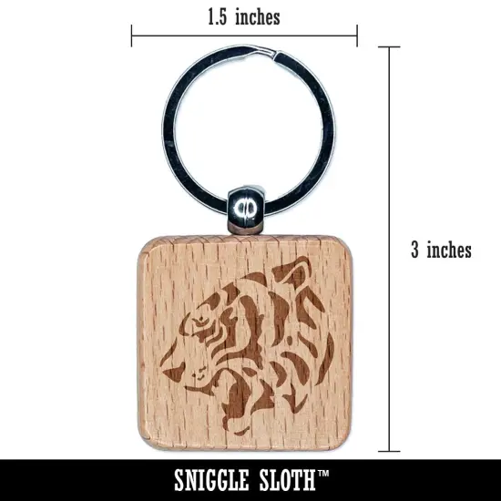 Ferocious Bengal Tiger Head Side View Engraved Wood Square Keychain Tag Charm {2}